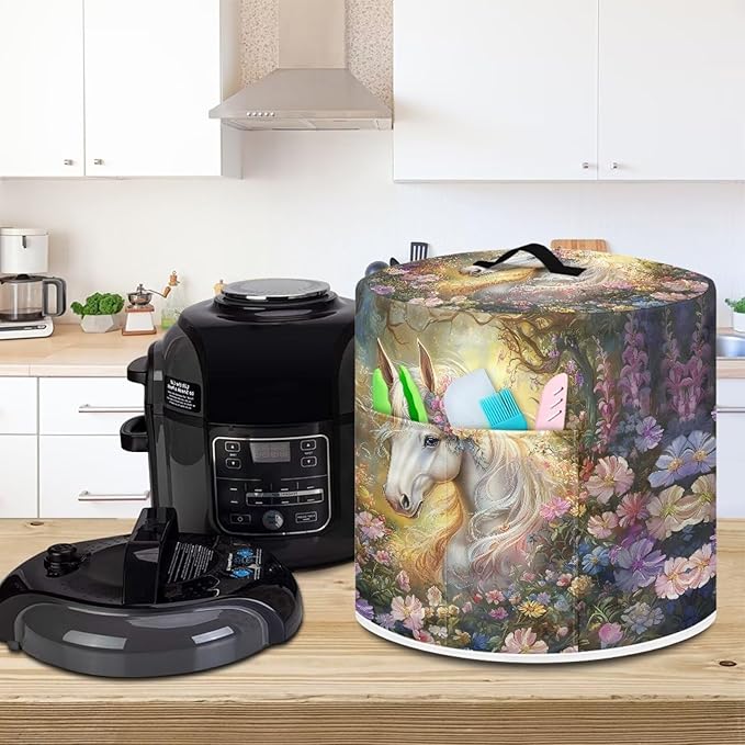 TODIYADDU White Horse Floral Pressure Cooker Cover with Pocket Novelty Air Fryer Cover Dust Cover Insulated Kitchen Appliance Cover Protector for Pressure Cooker Instant Pot Accessories Presents, M