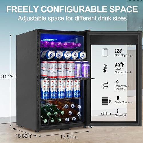 128 Cans Beverage Refrigerator Cooler, 3.2 Cu.Ft Mini Drink Fridge Glass Door for Drink Beer Soda Wine, Small Beer Fridge with 4 Removable Shelves for Kitchen Bedroom, Office Bar Gaming Room, Black