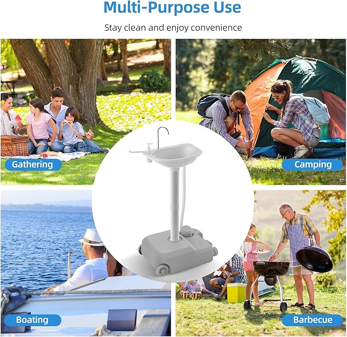 Portable Sink Camping Hand Washing Station, 20L Wash Basin Stand with Rolling Wheels, Soap Dispenser, Towel Holder, Handle for Garden, Outdoor, Travel, Boat, Gathering, Worksite