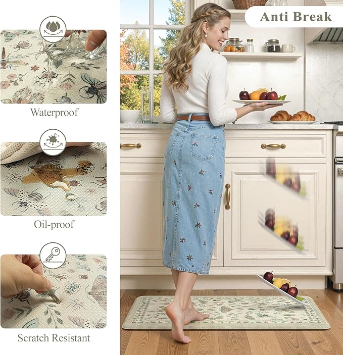 LEEVAN Anti Fatigue Mats for Kitchen Floor Non-Slip, Cushioned Kitchen Mats for Floor 2 Piece, Tan Memory Foam Kitchen Mat Set, Waterproof Ergonomic Standing Mat for Bar, Office,Desk, Laundry