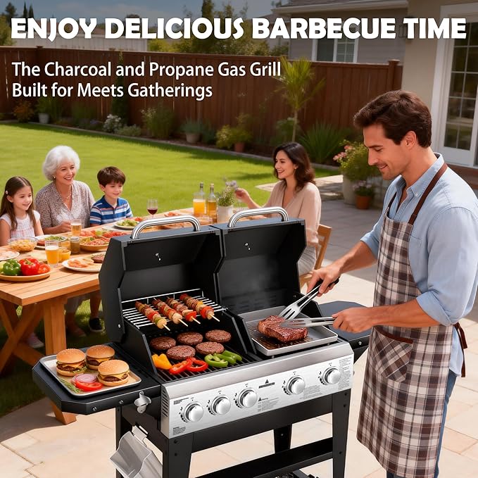 2 in 1 Gas Grill and Flat Top Griddle Combo 54,000 BTU Dual Cooking System, 5-Burner Grill Stove Stainless Steel Panel, Porcelain-Enameled Grate & Heavy-Duty Griddle for Outdoor Cooking