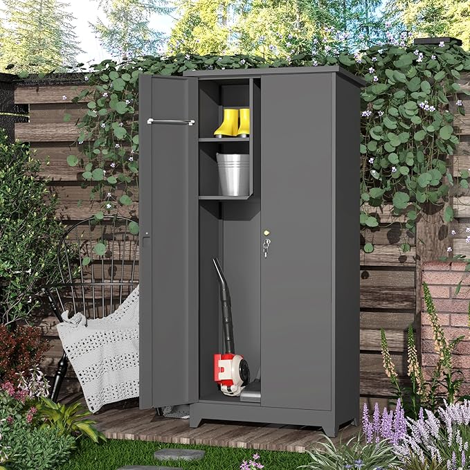 Outdoor Storage Cabinet,Garden Storage Cabinet with Sloping Roof and Waterproof Coating,Metal Storage Cabinets with Lockable Doors for Backyard,Lawn,Dark Gray