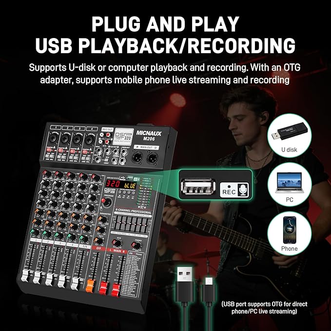Audio Mixer 6 Channel Professional Sound Console Music Mixer with 320 DSP Effects, 7-band EQ DJ Mixing Board w/USB, Bluetooth, 48V Power Supply, PAD Button for Recording Karaoke PA Drum Live