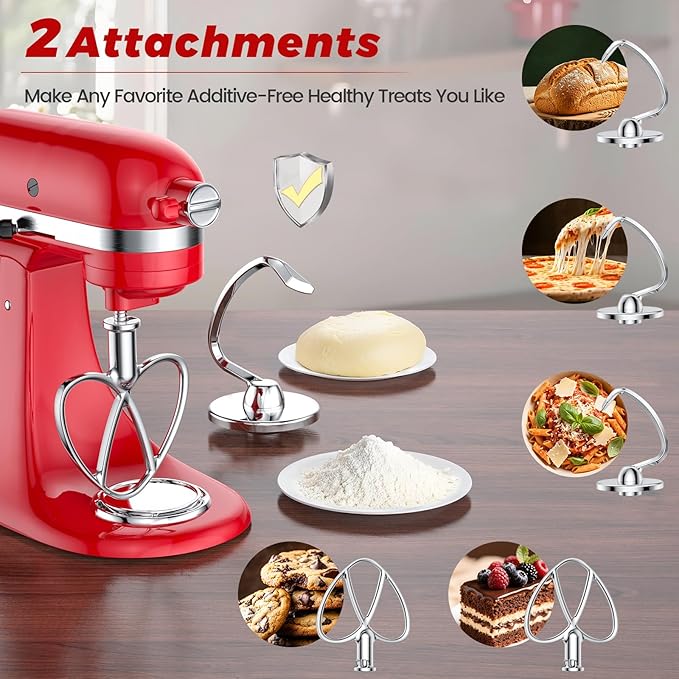 Premium 316 Stainless Steel Attachments 2 Piece Kit, Flat Beater & Dough Hook for 4.5 and 5 Qt Kitchenaid Tilt-Head Stand Mixers, Paddle&Dough Hook Mixers Accessories, Dishwasher Safe, Spatula&Recipe