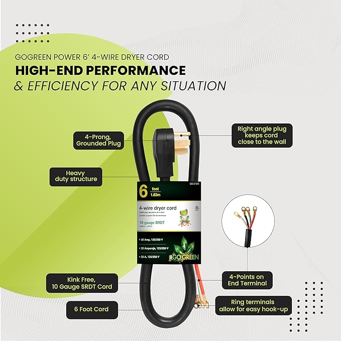 GoGreen Power (GG-27306) 6’ 4-Wire Dryer Cord, 30 Amps, 6 Ft