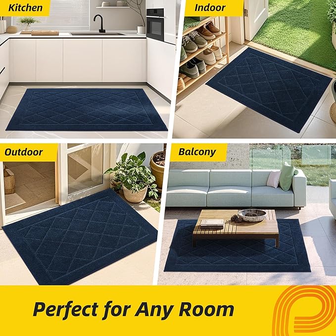 JSEI Dirt Trapper Door Mat 32"x48", Non-Slip Washable Entryway Mats, Dog Door Mat, Stain Resistant and Absorbent Floor Mats, Low Profile Welcome Mat for Front Back Door, Navy Blue