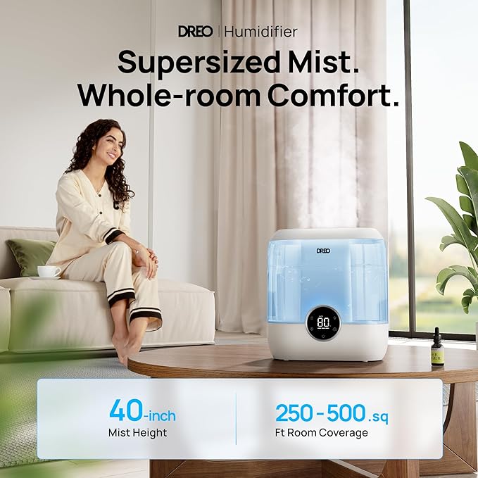 DREO 6L Top Fill Humidifiers for Bedroom, 60H Runtime 28 dB Quiet Supersized Cool Mist Air Humidifiers for Large Room, Baby Nursery, Plant, Indoor, Night Light, Easy to Clean, Precise Humidity Control