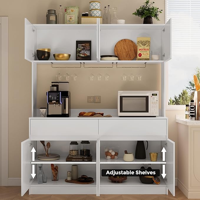Kitchen Hutch Storage Cabinet, 63" W Large Pantry Cabinets with Microwave Oven Countertop, Freestanding Kitchen Pantry Storage Cabinet with 4 Doors, 2 Drawers and 7 Shelves, White