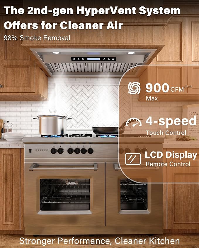 36 inch Stainless Steel Insert Range Hood - 900 CFM, Ultra-Quiet 4-Speed Vent, Touch/Remote Control, LED Lights, Ducted/Ductless Convertible
