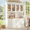 Vyre 71" Farmhouse Kitchen Pantry Cabinet Set of 2, White Freestanding Coffee Bar Hutch with Glass Doors & Adjustable Shelves, Large Storage Cabinet with Microwave Stand for Living Room & Kitchen