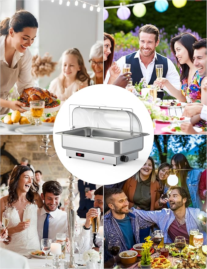 Rectangular Chafing Dish Electric Buffet Set with Temperature Control, 9QT Roll Top Stainless Steel Food Servers and Warmers with Transparent Lid for Catering Wedding and Parties