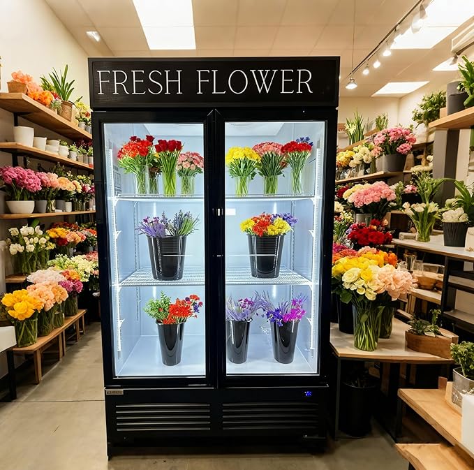 Commercial Flower Beverage Refrigerator Floral Display Fridge,Two Glass Door Drink Cooler with LED Light Adjustable Shelves,ETL Sanitation,43 Cu Ft,47" Wide,Wheels Included