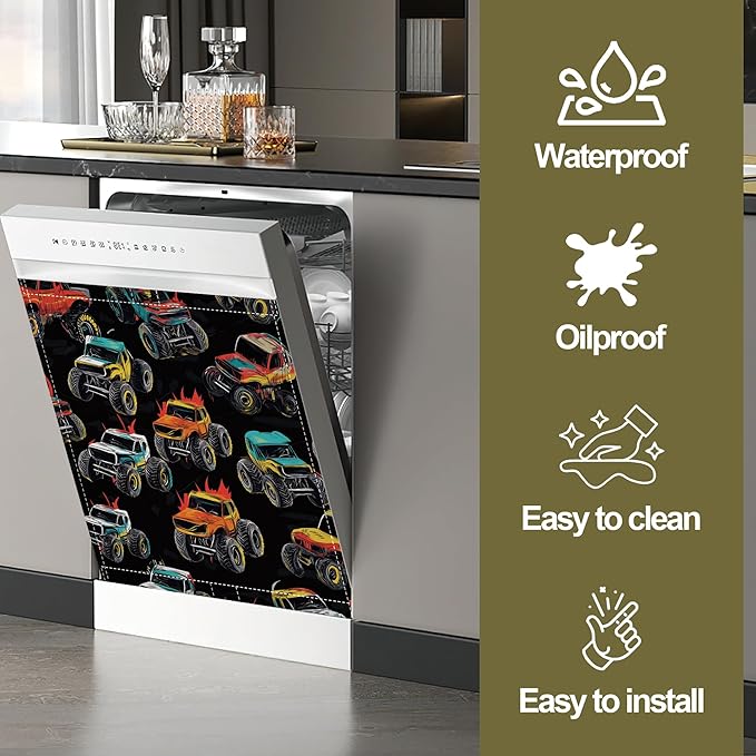Magnetic Dishwasher Cover,Abstract Monster Truck Reusable Dishwasher Magnetic Cover Decorative Door Covers Panel for Home Kitcen 23" x 26"