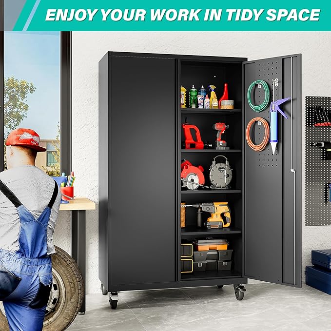 SISESOL Wide & Deep Metal Storage Cabinet with Wheels,Tall Rolling Garage Storage Cabinet with Lock,Black Metal Cabinets with Pegboards and Shelves,Tool Locker for Garage,Home,Office,43''Wx 20''Dx71"H