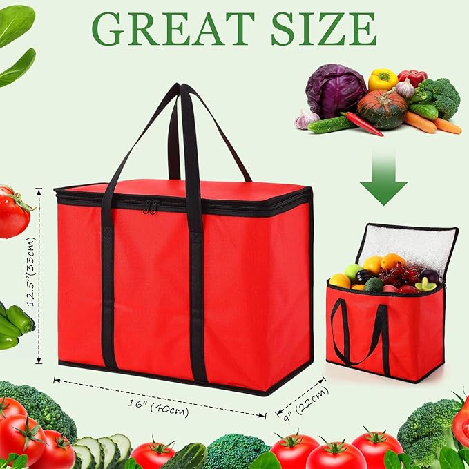 Kenning 8 Pcs Large Insulated Reusable Grocery Bags with Sturdy Zipper and Handles Foldable Washable Cooler Totes Heavy Duty Hot or Cold Food Delivery Bag for Food Transport Travel Lunch (Red Black)
