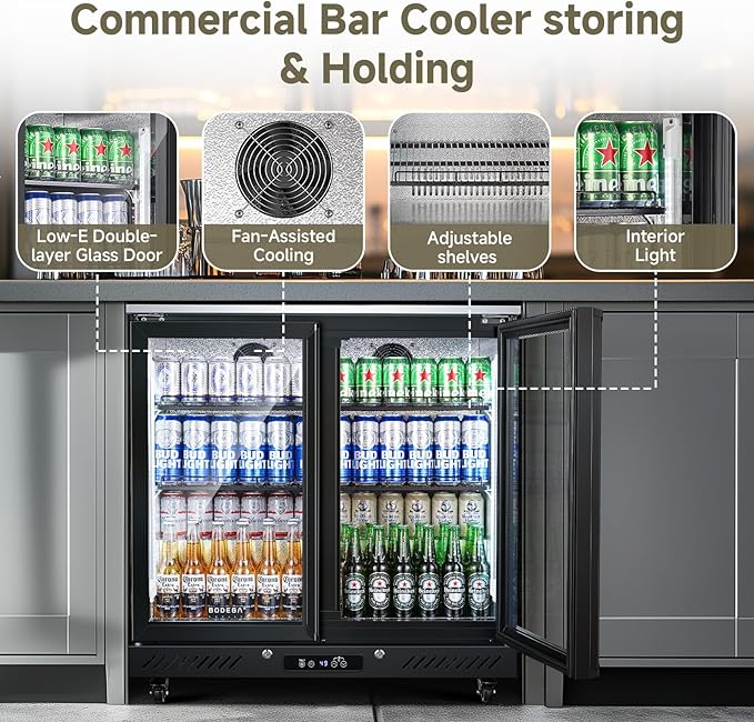 BODEGACOOLER Back Bar Cooler with 2 Glass Doors,7.7 Cu.ft Commercial Back Bar Beverage Refrigerator Counter Height,LED Lighting for Soda Drinks,Beer,Wine Stainless Steel Top,DOE Approved,4 Casters