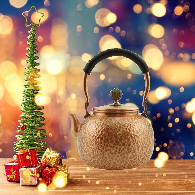 Funmaker Handmade Solid Copper Tea Pot Kettle Stovetop Teapot Thick Hammered Copper Tea Pot Kettle Stovetop Teapot Made for gasstove tops pure copper kettle (Type 1-600ml)