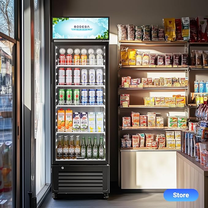 BODEGACOOLER Commercial Refrigerators with 4 shelves, 240 cans &160 bottles Beverage, 11.3 Cu. Ft. Commercial Merchandiser Refrigerators with Soft LED Light,For Garage, Gym, Man cave, Shop, Office.