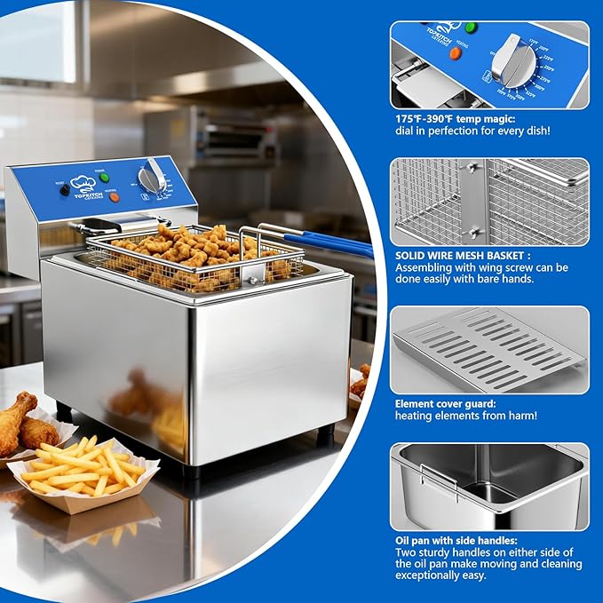 6L Electric Deep Fryer with Removable Oil Container and Handle, Solid Wire Mesh Basket and Lid, Lightweight Commercial Countertop Fryers - 120V 1800W