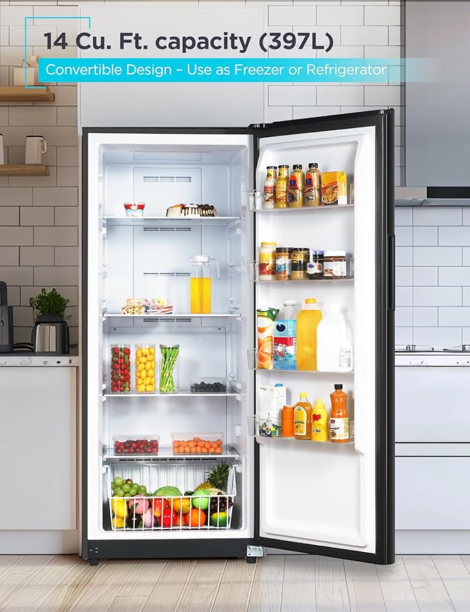 BLACK+DECKER 14 Cu. Ft. Convertible Freezer Refrigerator, Upright Freezer with Glass Shelves, ENERGY STAR rated, Frost Free, BUC1400XB, Black