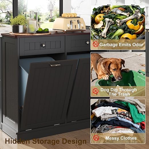 Tilt Out Trash Can Cabinet Dog Proof with Double Wood Hidden Trash Can Holder, Kitchen Free Standing Recycling Cabinet（Black）