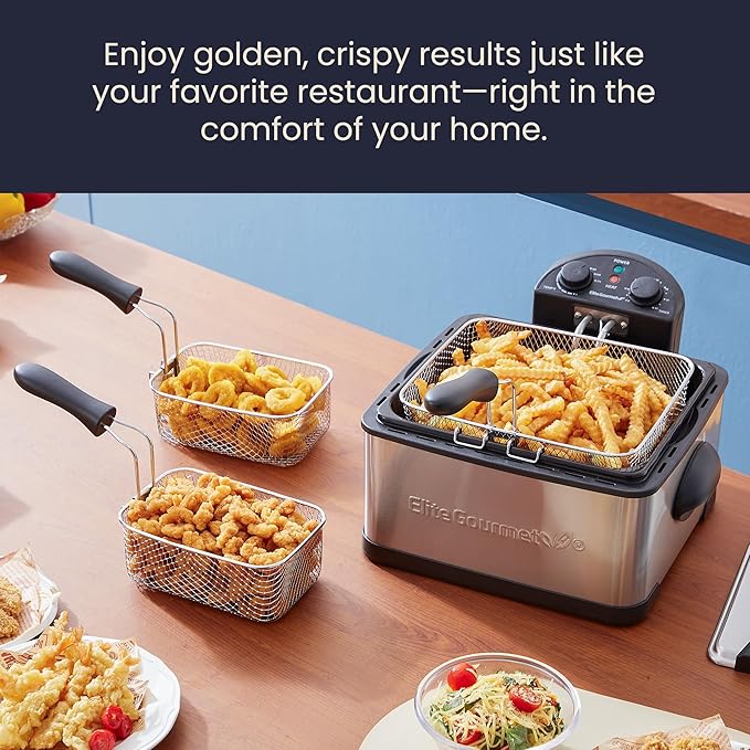 Elite Gourmet EDF-401TXB Electric 4.5 Qt. / 17 Cup Immersion Deep Fryer 3-Baskets, 1700-Watt, Timer Control, Adjustable Temperature, Lid with Viewing Window and Odor Free Filter