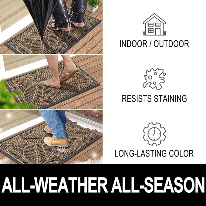 Colorxy Waterproof Doormat, Sturdy Natural Rubber Front Indoor Mat, Non Slip Low Profile Indoor Outdoor Door Mats, Stain and Fade Resistant Floor Mat, Easy Clean Patio Entrance Mat, 30''x17'', Brown