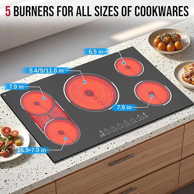5 Burner Electric Cooktop, 36 Inch Electric Stovetop 9600W, Built-in Ceramic Hob with BBQ Burner, Touch Control, Child Safety Lock, Timer, Pause, 220-240V, Hard Wire, No Plug