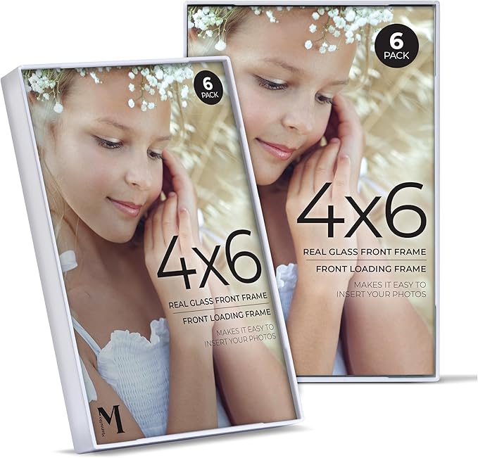 Mantello Front Loading White 4x6 Picture Frame - 4 x 6 Frame For Tabletop or Wall Decor - 4 by 6 White Picture Frames- 6 PACK