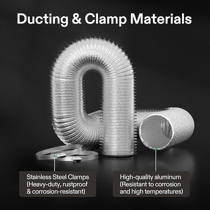 VIVOSUN 4 Inch 16 Feet Non-Insulated Flex Air Aluminum Ducting for HVAC Ventilation with 2 Stainless Steel Clamps