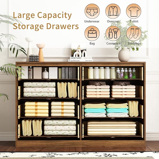 8 Drawer Dresser for Bedroom, Modern Fluted Double Dresser, 55" Wide Chest of Dressers, Mid Century Wooden Beside Table for Closet, Living Room and Entryway, Natural