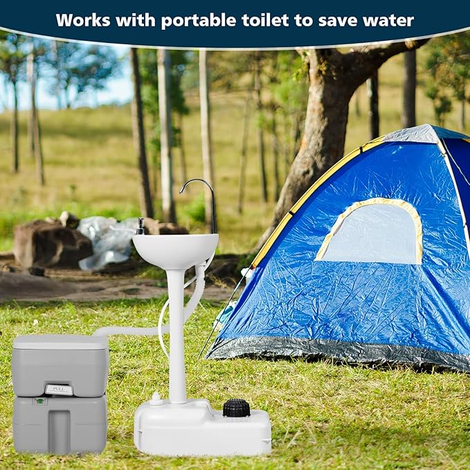 GYMAX Portable Camping Sink, Hand Wash Station with 4.5 Gal Water Tank 6.5 Gal Sewage Tank, Soap Dispenser, Towel Holder, Hands-Free Foot Pump, Indoor/Outdoor Rolling Wash Basin