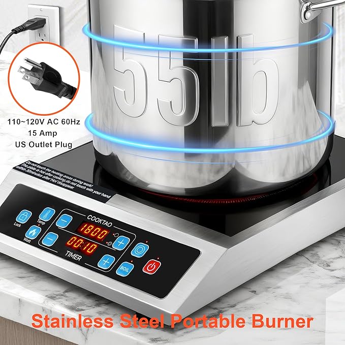 Dual Coils Design of Stainless Steel Single Burner Electric Cooktop, 1800W Commercial Ceramic Infrared Cooking Hot Plate, Portable Countertop Radiant Stove Top Cooker with WATT and TEMP Control