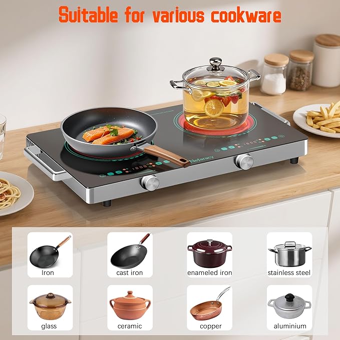 2 Burner Electric Cooktop 24 Inch, 110V 2000W Portable Electrics Stove Top with Handle, 9 Power Settings, Senor Touch & Knob Control, Safety Lock, Timer, 110-120V Plug in (2 Burner Green)