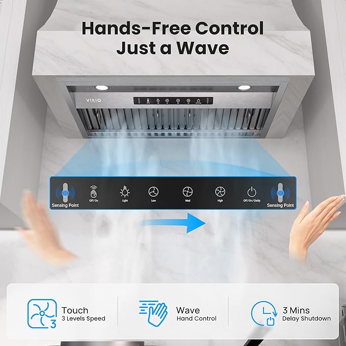 Range Hood Insert 42 Inch,Built-in Kitchen Hood with 980 CFM, Ducted/Ductless Convertible Duct,Stainless Steel Kitchen Vent Hood/Gesture/Touch Control, 3 Pcs Baffle Filters with Handlebar