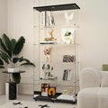 Glass Display Cabinet with LED Light Strip, 5 Shelves with 2 Doors, Curio Storage Cabinets with Lock & Caster for Living Room, Office, Floor Standing Glass Bookshelf, Quick Installation - Black