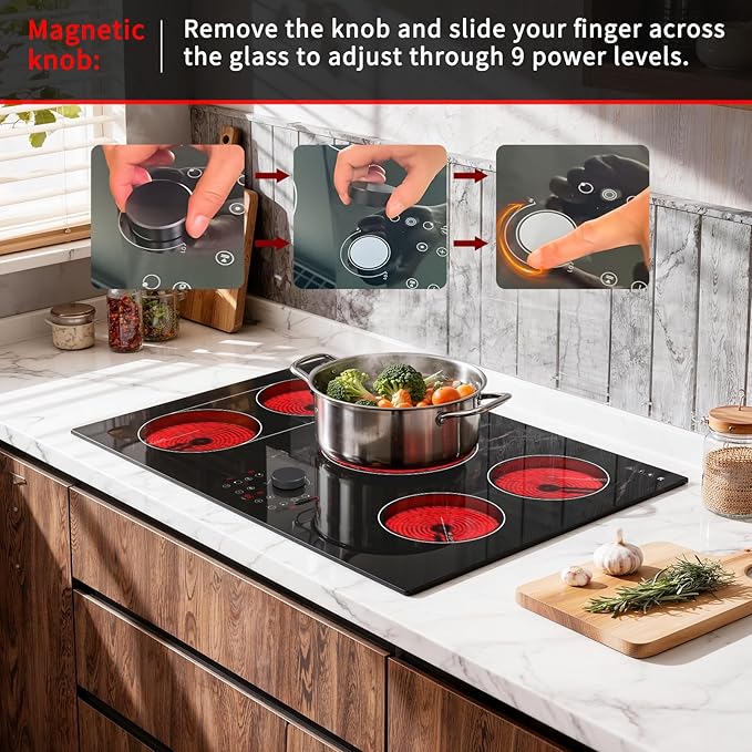 Karinear Electric Cooktop 30 Inch with Magnetic Knob, Bridge BBQ, 5 Burner Radiant Stove Top, 8600W 240V Built-in Hob, 9 Heat Levels, 99-Min Timer, Child Lock, Pause
