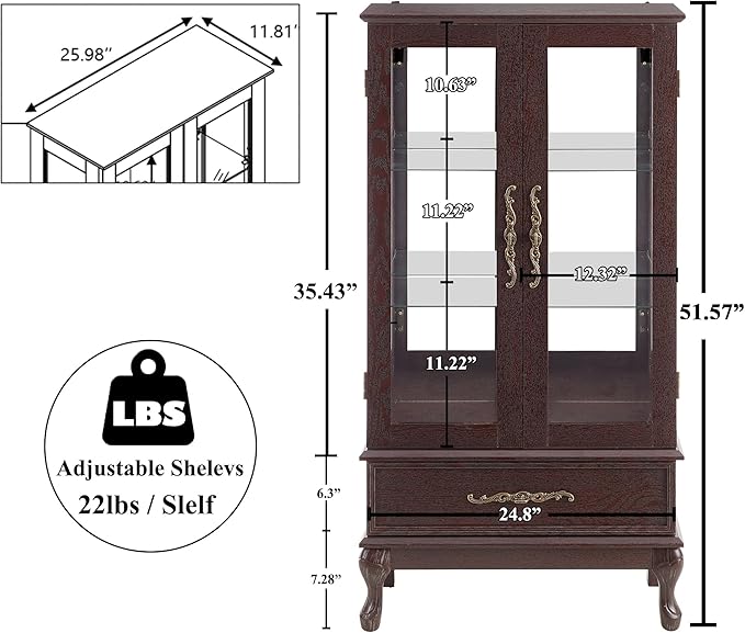 51" H Lighted Curio Cabinet Display Case, Glass Curio Cabinet with Adjustable Shelves,Tempered Glass Door and Drawer, Wooden Cabinets w/Mirrored Back Pane for Living Room (Dark Cherry)