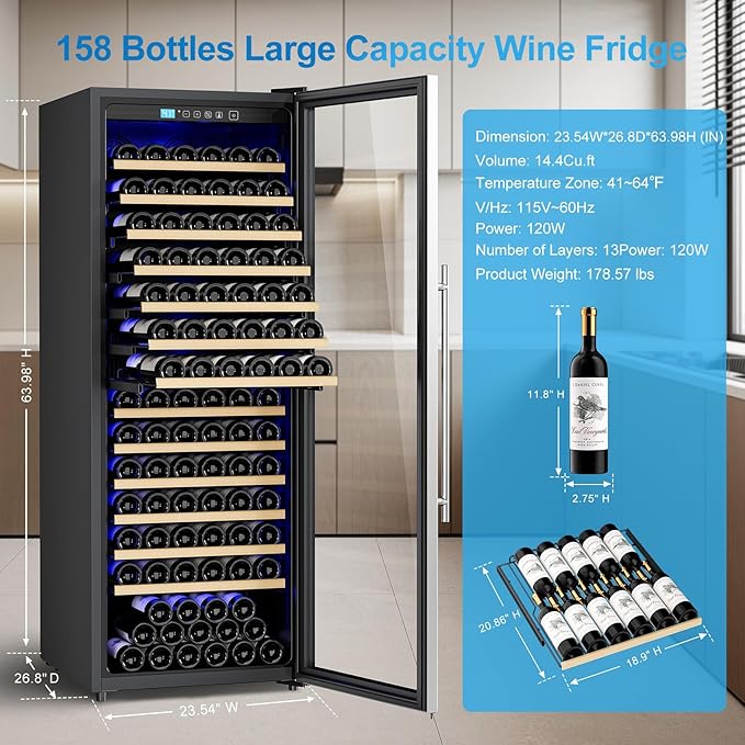 158 Bottle Wine Fridge, 24 Inch Wine Cooler Refrigerator Freestanding with Professional Temperature Control System, Suitable for Mixed Bottle Sizes, Low Noise Operation (14.4cu.ft)