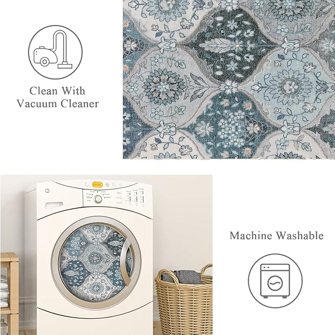 Lahome Moroccan Washable Runner Rug, 2'5''x8' Ultra-Thin Vintage Kitchen Runners for Hallways, Oriental Non-Slip Hallway Rug Carpet for Entryway Bedroom Laundry Room Foyer, Blue