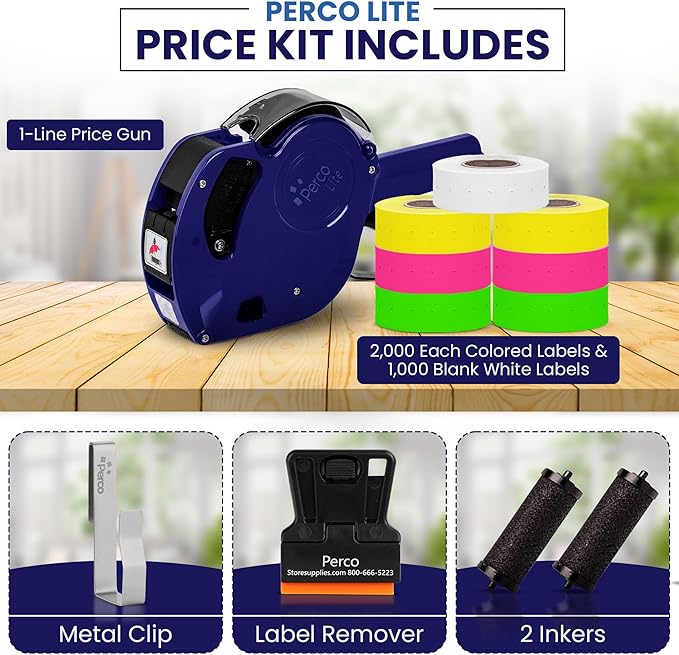 Perco Lite 1 Line Price Gun Kit - Includes 2 Rolls Each of Yellow, Fluorescent Green & Fluorescent Pink Labels, 1 Roll of White Labels (Preloaded), 1 Scraper, 2 Ink Rollers (1 Preloaded) & 1 Gun Clip
