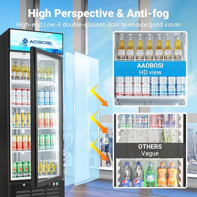 AAOBOSI Commercial Merchandiser Refrigerator,17.09Cu.Ft Glass Door Display Refrigerator,Upright Beverage Cooler Fridge with Soft LED Light, Customizable Lightbox,Universal Casters,Adjustable Shelves