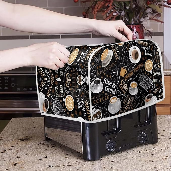 Cafe Coffee Print Toaster Cover 2 Slice Waterproof Appliance Cover with Handle Loop Kitchen Bread Baker Toaster Covers for Small Appliance