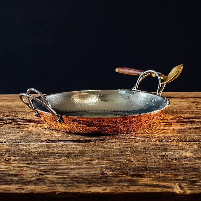 Sertodo 12 Inch Hand-Hammered Copper Paella Pan | Heavy-Gauge Pure Copper Frying Pan & Skillet | Artisan Cookware for Cooking & Serving – Alicante Style