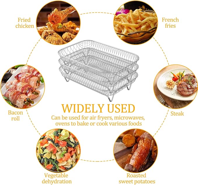 Air Fryer Rack Accessories for Ninja Dual Basket, 3 Layers, 304 Stainless Steel Stackable Bacon Air Fryer Accessories for Ninja AF300UK, Salter/Instant/EMtronics, with Clip
