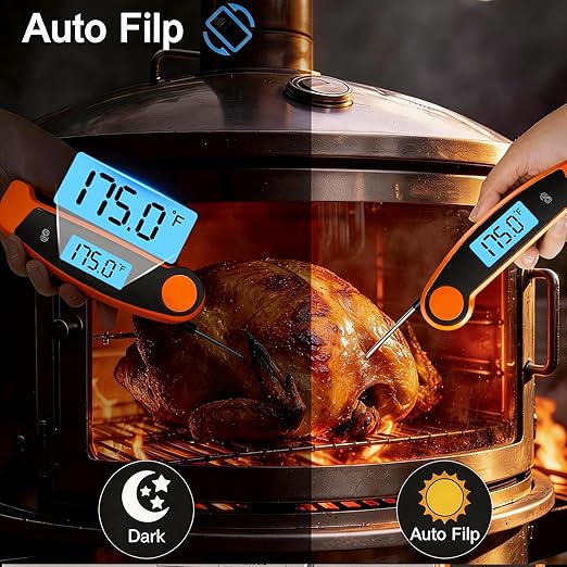 Meat Thermometer Digital Waterproof Instant Read Thermometer for Cooking ℃/℉ Convertible, Food Thermometer with Backlight, Cooking Thermometer for Kitchen Auto-Rotating Display Orange