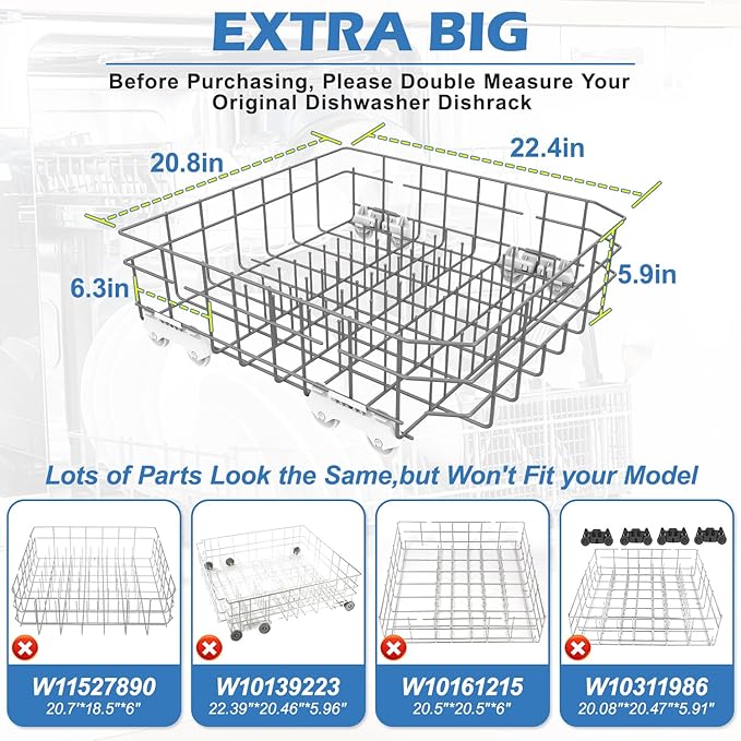 2025 UPGRADED W10728159 Dishwasher Lower Rack Replacement W10525646,Compatible with Kitchenaid Kenmore Whirlpool Maytag Dishwasher Bottom Rack Parts KDFE104DSS4/KDTE104ESS4,Comes 4pcs WP3376961 Roller
