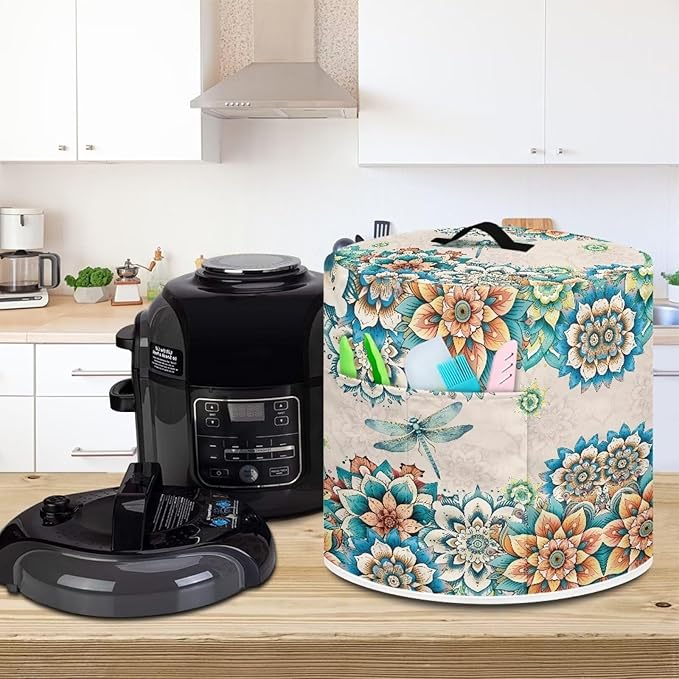 Xoenoiee Boho Mandala Floral Dragonfly Print Kitchen Appliance Dust Cover with Pockets, Electric Pressure Cooker Cover Compatible with Rice Cooker Cover Air Fryer Cover, for 6 Qt Pot