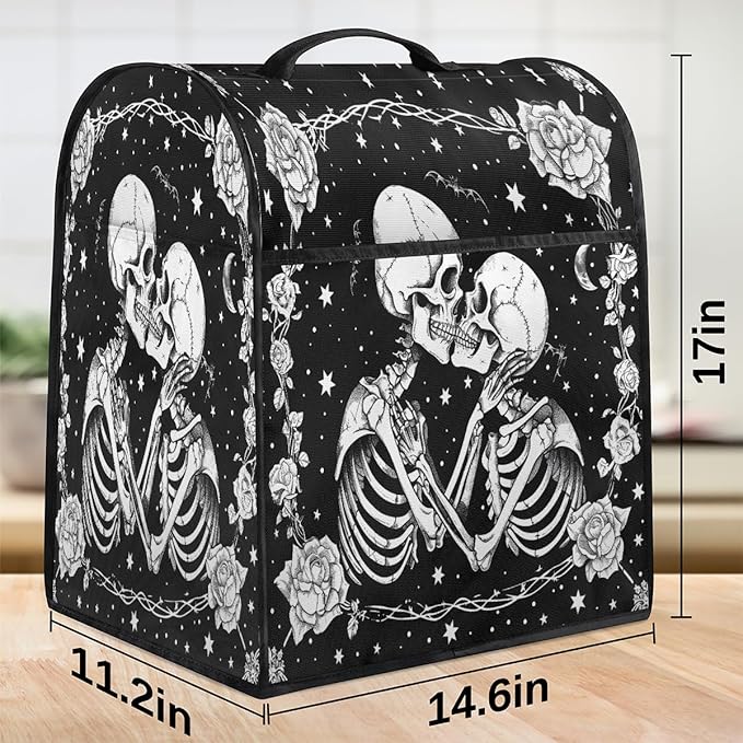 Kitchen Aid Mixer Cover Halloween Flower White Skull Stand Mixer Cover Compatible with 6-8 Quarts Stand Mixers, Dust Covers with Zipper Pocket Foldable Washable Kitchen Aid Organizer Bag