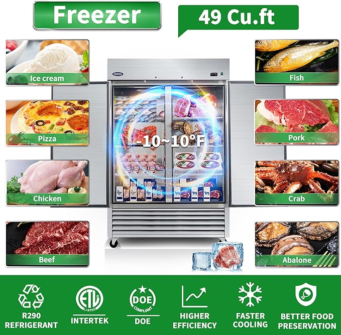 54" Commercial Upright Freezer with 2 Solid Door, 46 Cu.Ft Stainless Steel Reach-in Freezer, -10℉ ~ 10℉, Fan Cooling Freezer with 6 Shelves for Restaurant Bar Garage, ETL and DOE Approved